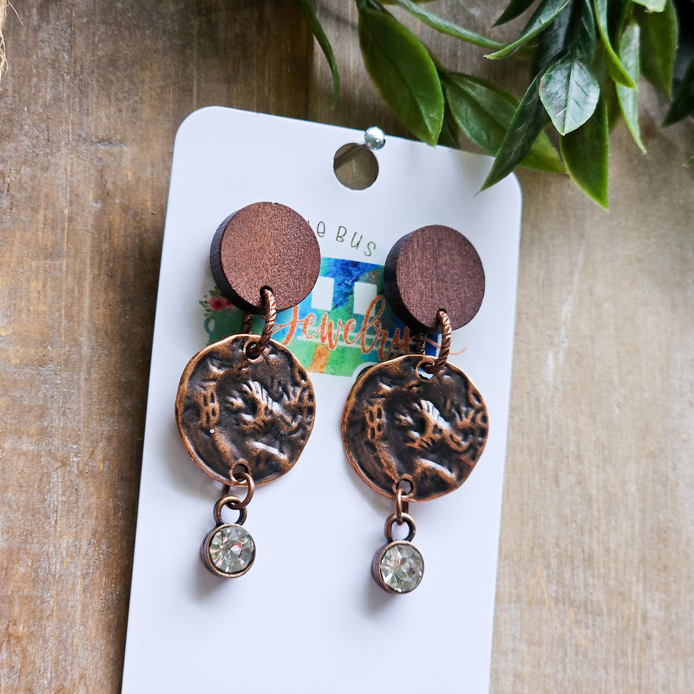 Rustic Copper + Wood + Metal Stud Earrings