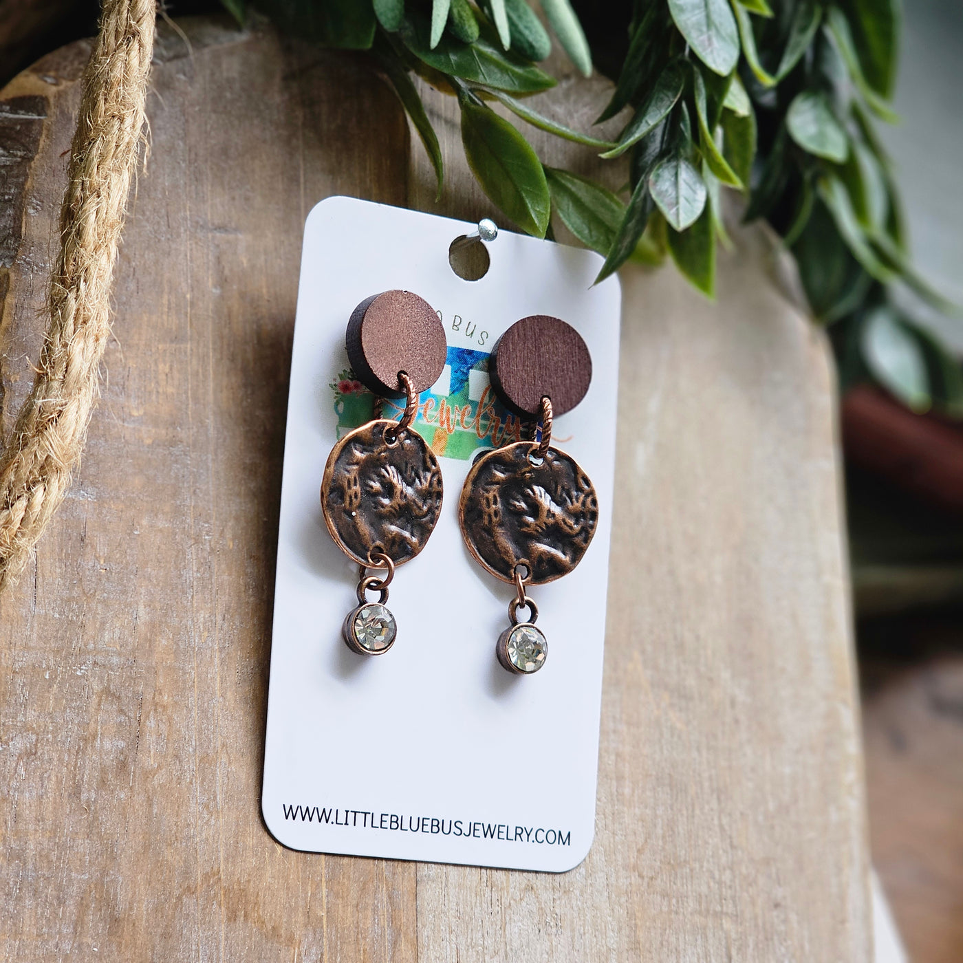 Rustic Copper + Wood + Metal Stud Earrings