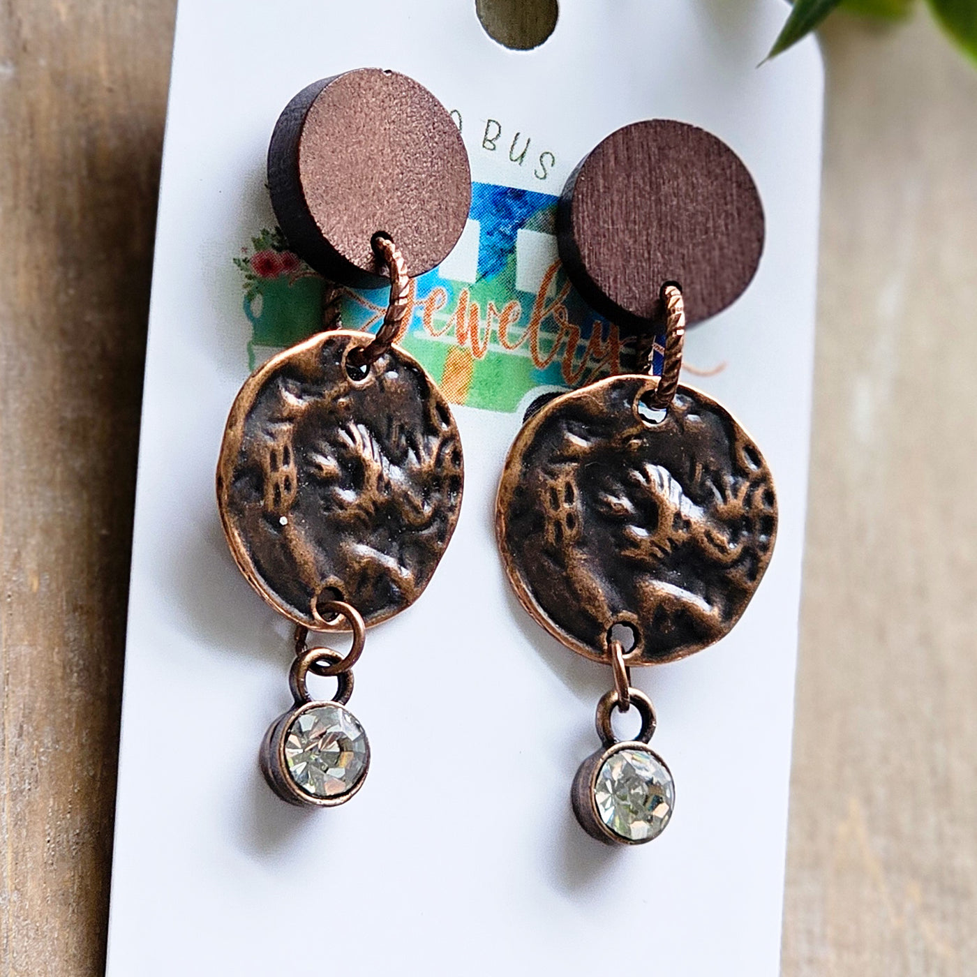 Rustic Copper + Wood + Metal Stud Earrings