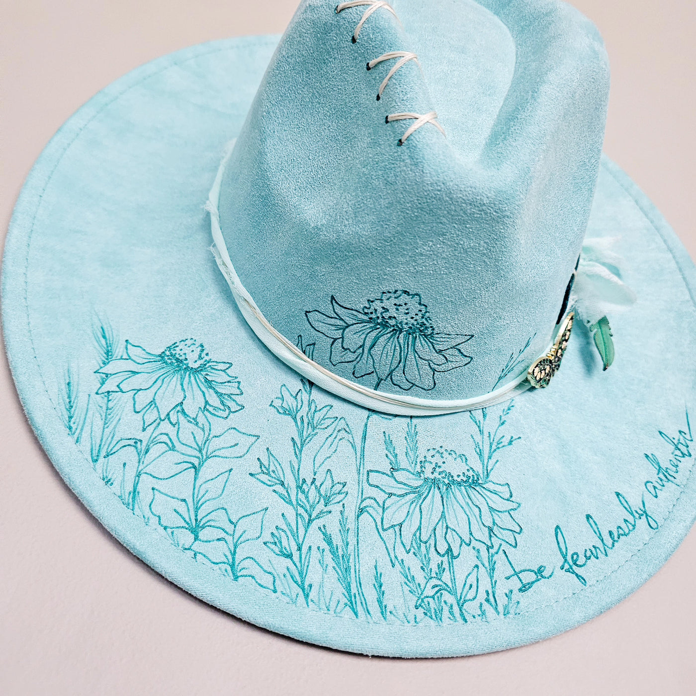 Be Fearlessly Authentic || Aqua Blue Suede Burned Wide Brim Hat