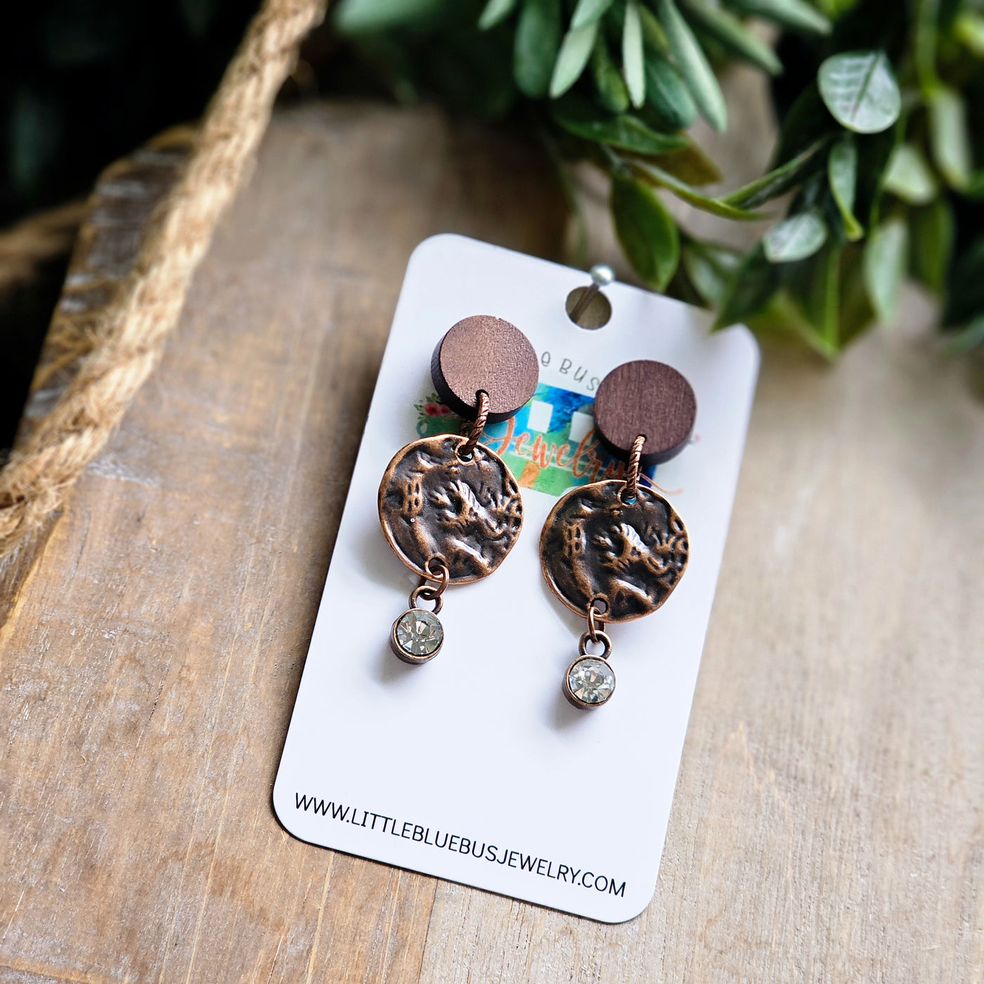 Rustic Copper + Wood + Metal Stud Earrings