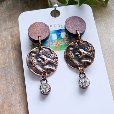Rustic Copper + Wood + Metal Stud Earrings