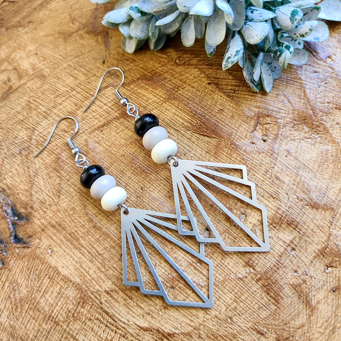 Ombre Beads and Steel Geometric Drops | Earrings