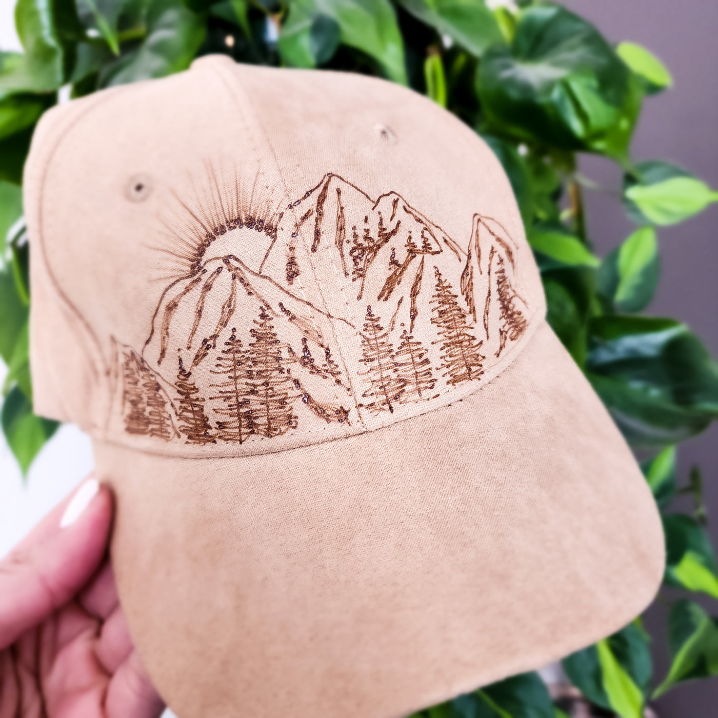 Mountain Sunrise || Tan Baseball Style Suede Hat || Freehand Burned