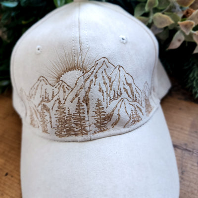 Mountain Sunrise || Khaki/Light Tan Baseball Style Suede Hat || Freehand Burned