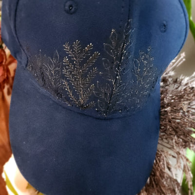 Floral Stems || Navy Baseball Style Suede Hat || Freehand Burned