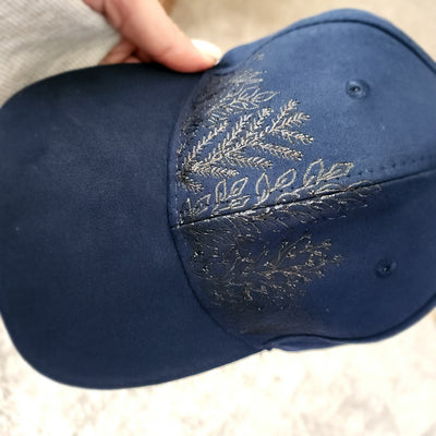 Floral Stems || Navy Baseball Style Suede Hat || Freehand Burned
