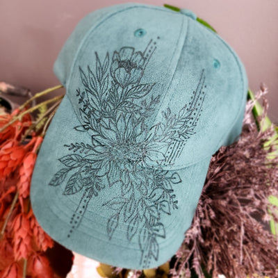 Lined Sunflower Bouquet || Green Baseball Style Suede Hat || Freehand Burned