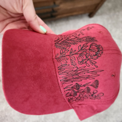 Floral Stems || Cranberry Baseball Style Suede Hat || Freehand Burned