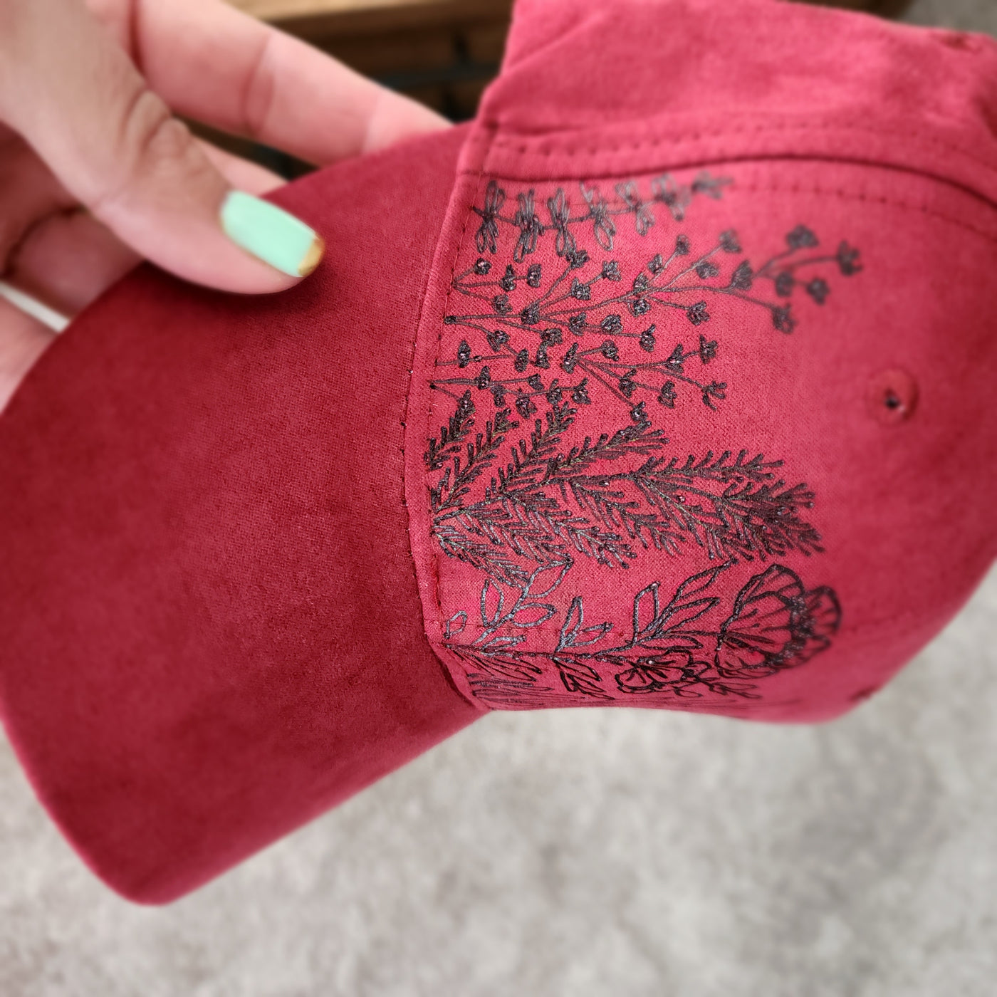Floral Stems || Cranberry Baseball Style Suede Hat || Freehand Burned