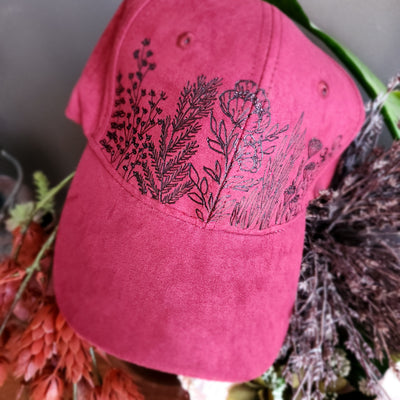 Floral Stems || Cranberry Baseball Style Suede Hat || Freehand Burned