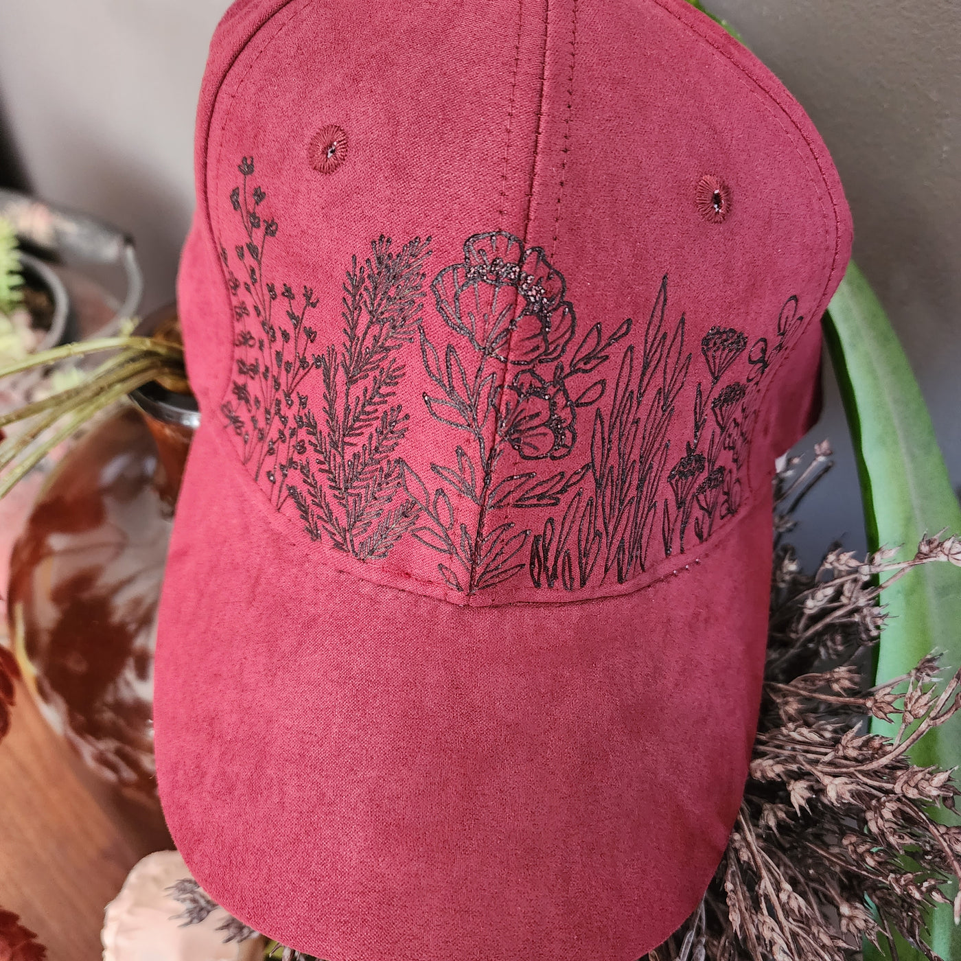 Floral Stems || Cranberry Baseball Style Suede Hat || Freehand Burned