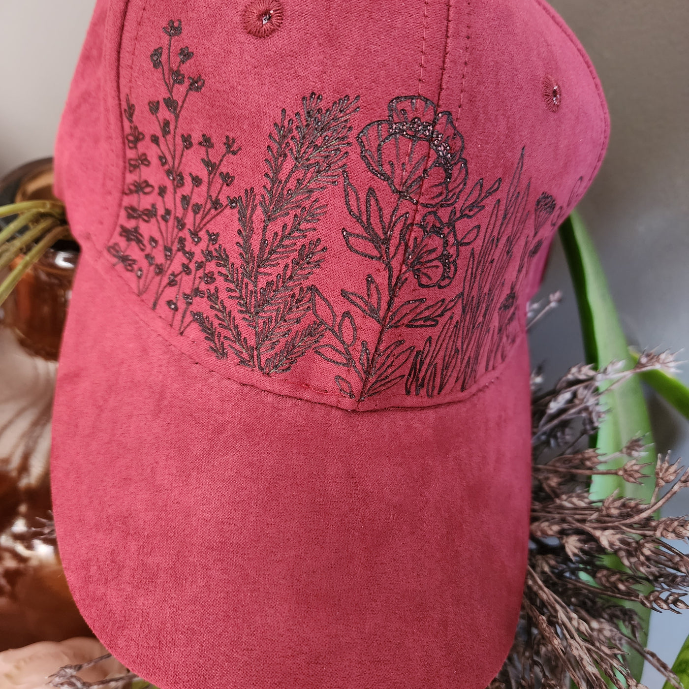 Floral Stems || Cranberry Baseball Style Suede Hat || Freehand Burned