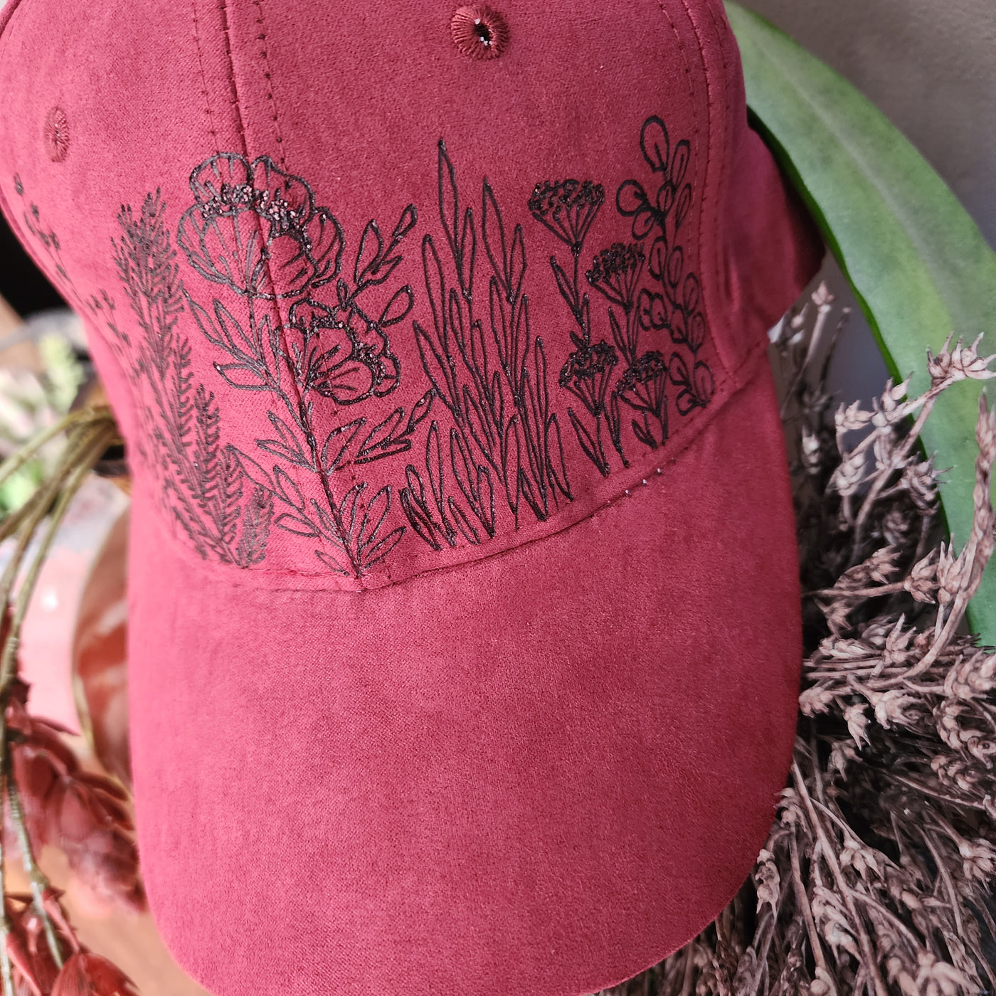 Floral Stems || Cranberry Baseball Style Suede Hat || Freehand Burned