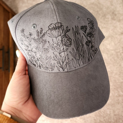 Floral Stems || Dark Gray Baseball Style Suede Hat || Freehand Burned