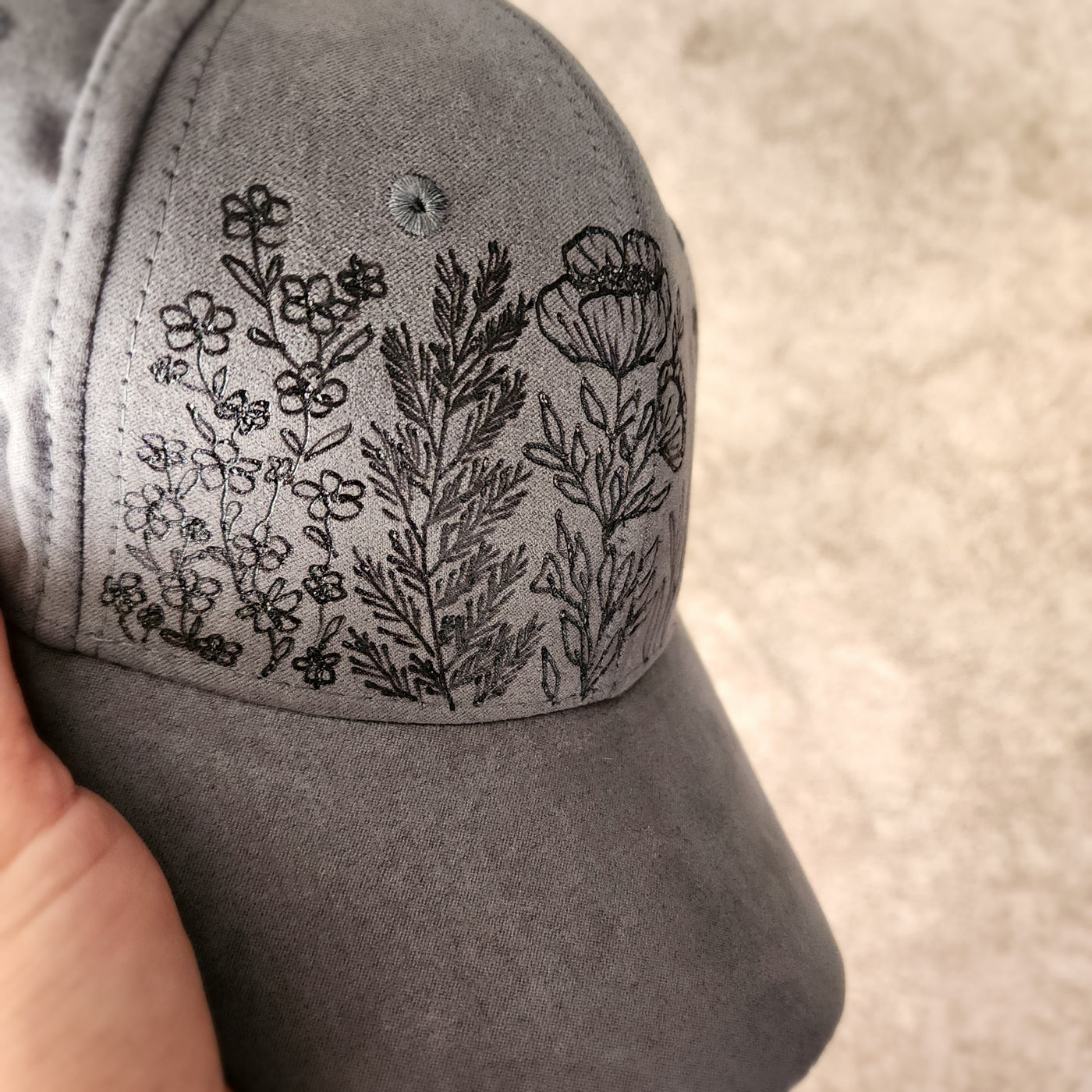 Floral Stems || Dark Gray Baseball Style Suede Hat || Freehand Burned