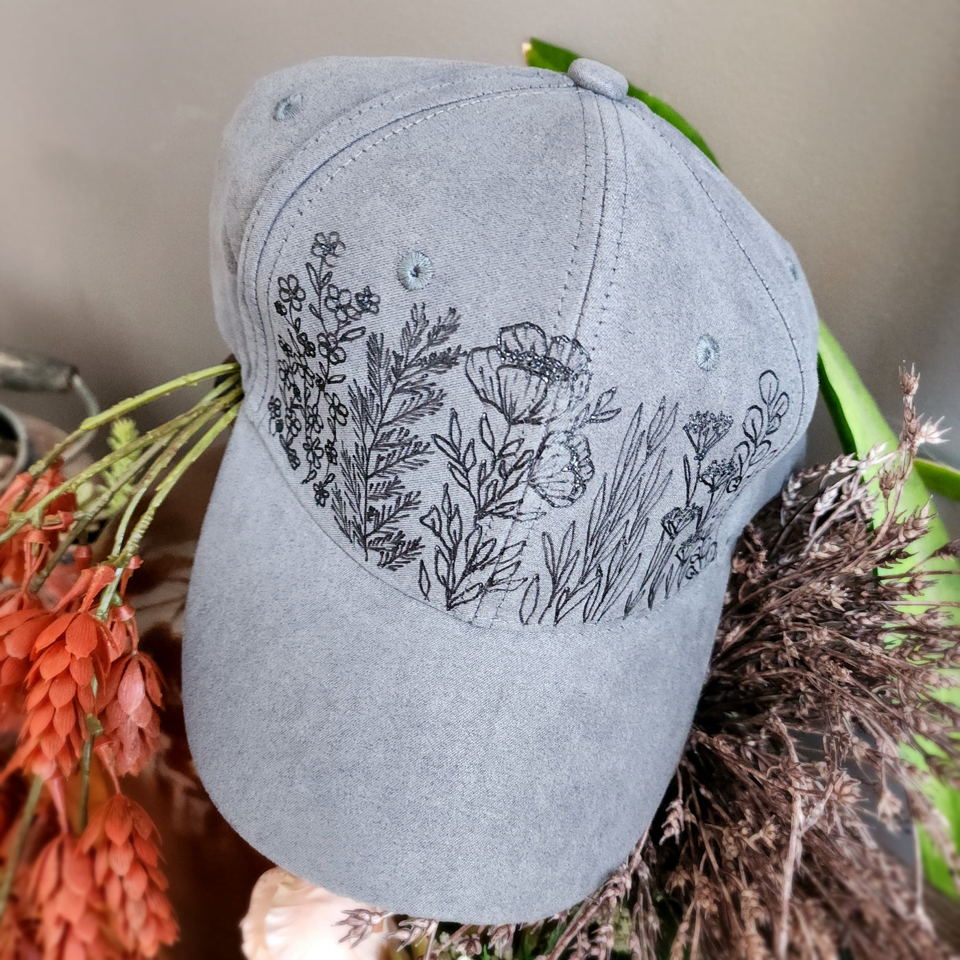 Floral Stems || Dark Gray Baseball Style Suede Hat || Freehand Burned