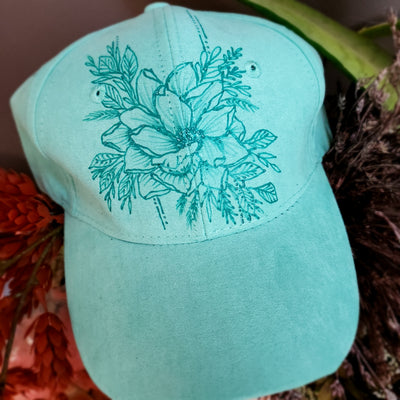 Lined Magnolia || Dark Mint Baseball Style Suede Hat || Freehand Burned