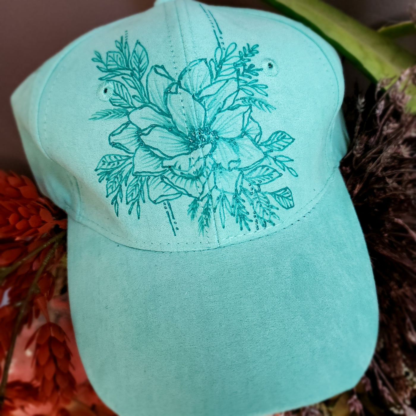 Lined Magnolia || Dark Mint Baseball Style Suede Hat || Freehand Burned