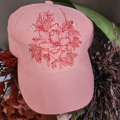 Lined Magnolia || Dark Pastel Pink/Coral Baseball Style Suede Hat || Freehand Burned