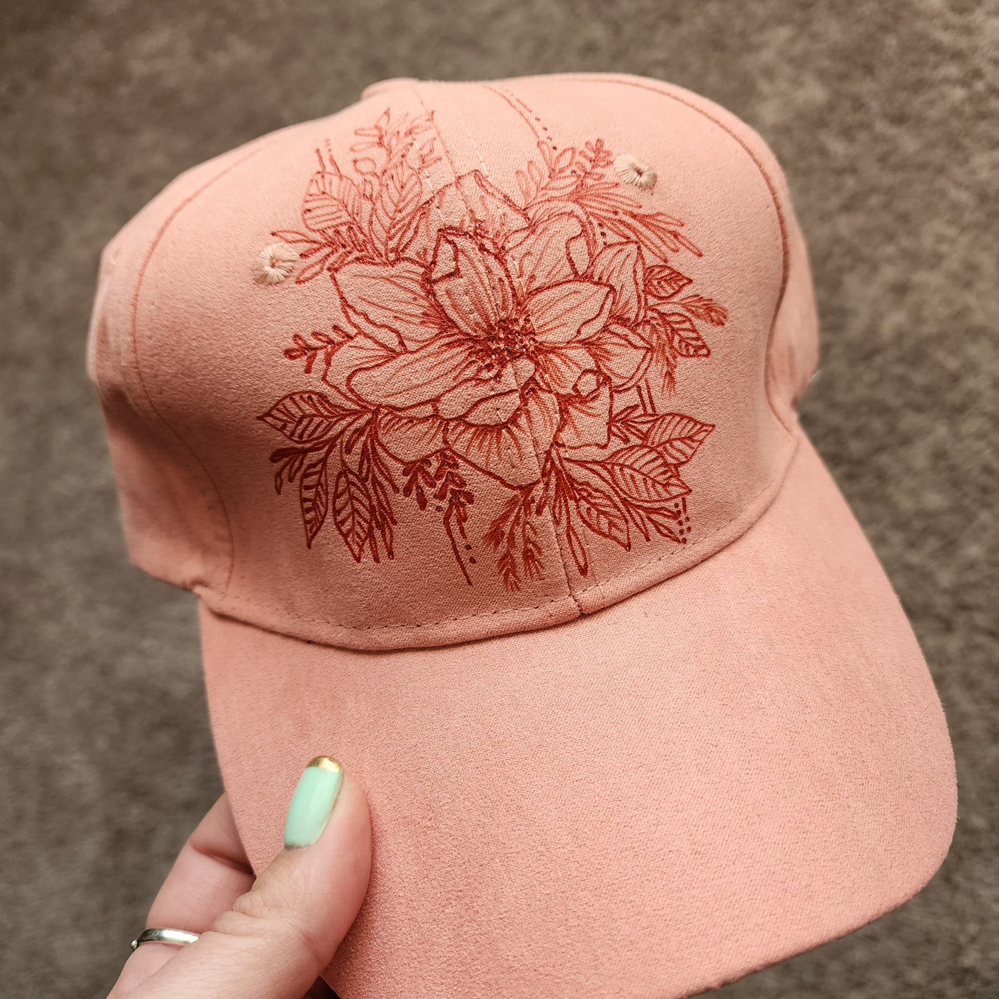 Lined Magnolia || Dark Pastel Pink/Coral Baseball Style Suede Hat || Freehand Burned