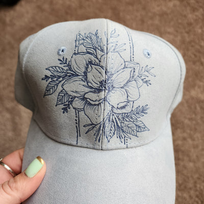 Lined Magnolia || Pastel Blue-Violet Baseball Style Suede Hat || Freehand Burned