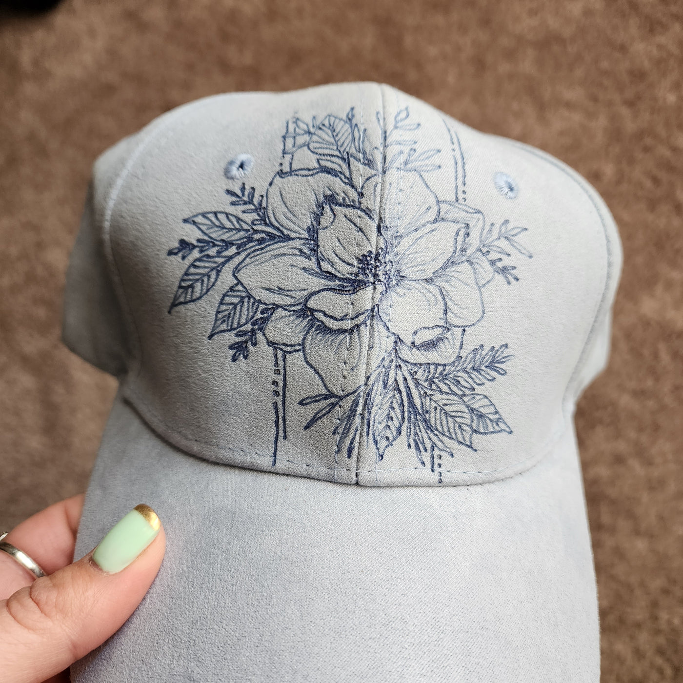 Lined Magnolia || Pastel Blue-Violet Baseball Style Suede Hat || Freehand Burned