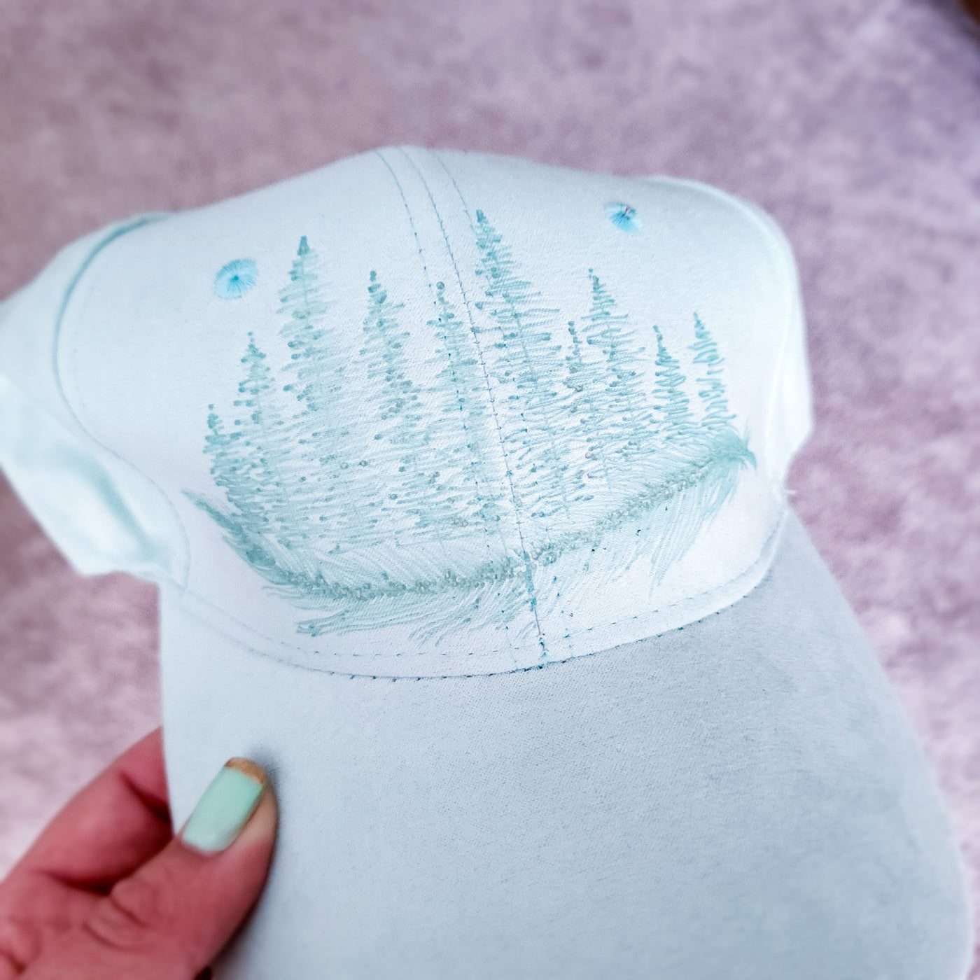 Feathered Trees || Light Mint Baseball Style Suede Hat || Freehand Burned