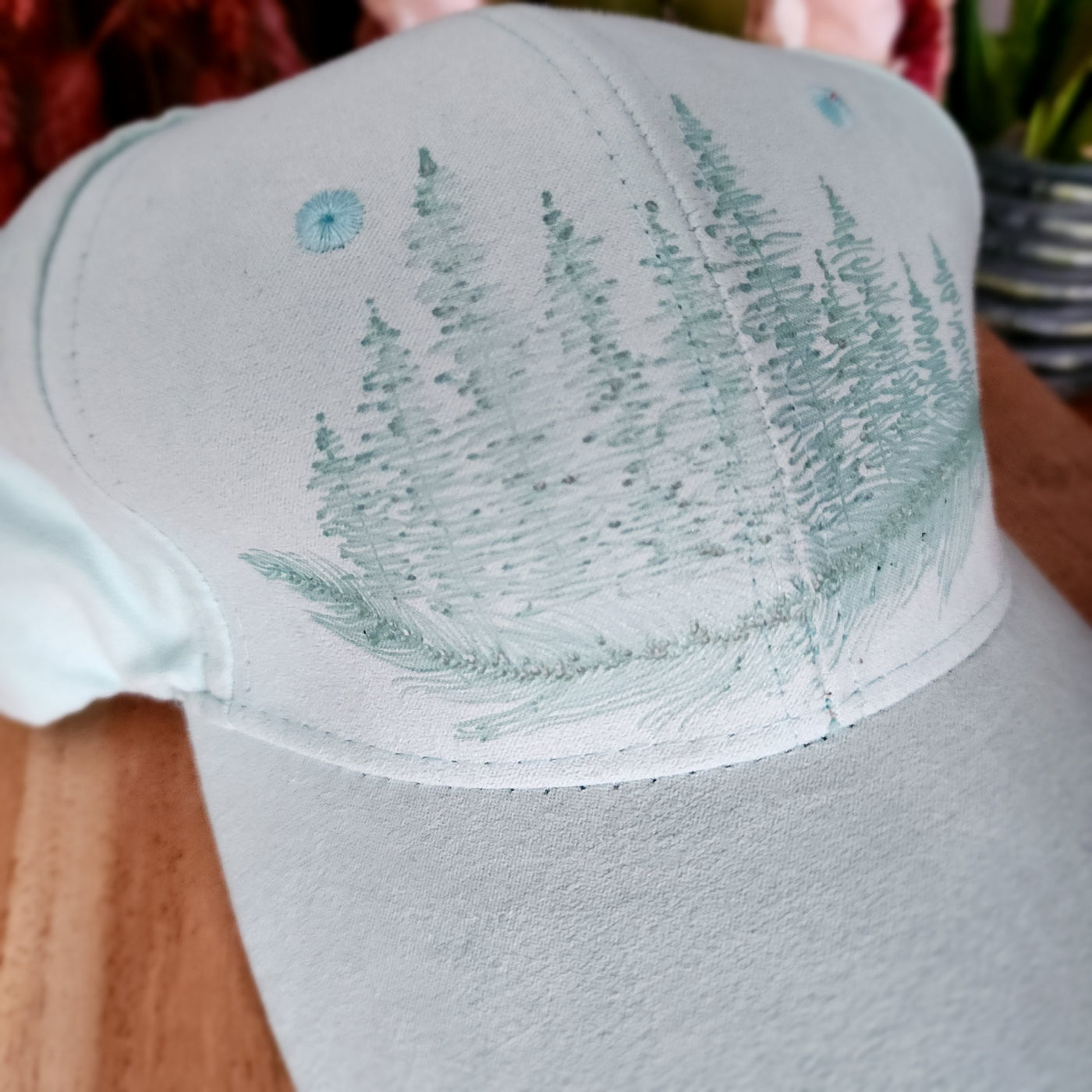 Feathered Trees || Light Mint Baseball Style Suede Hat || Freehand Burned