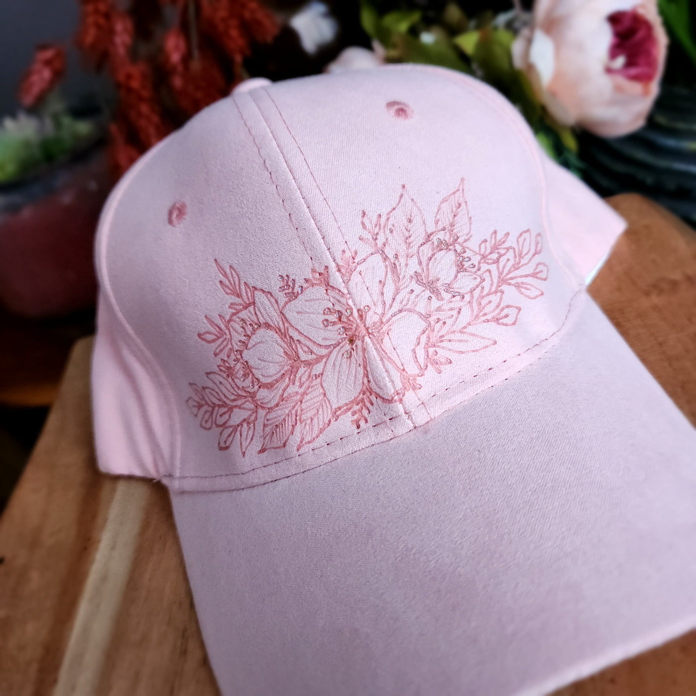 Floral || Light Pastel Pink Baseball Style Suede Hat || Freehand Burned