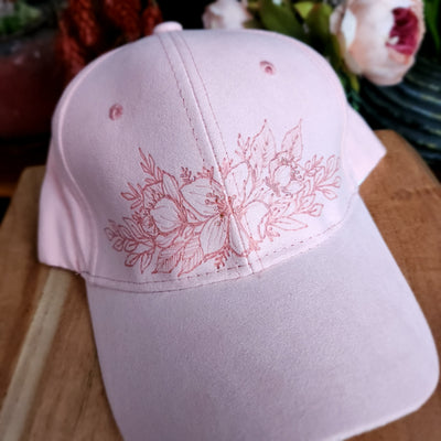 Floral || Light Pastel Pink Baseball Style Suede Hat || Freehand Burned