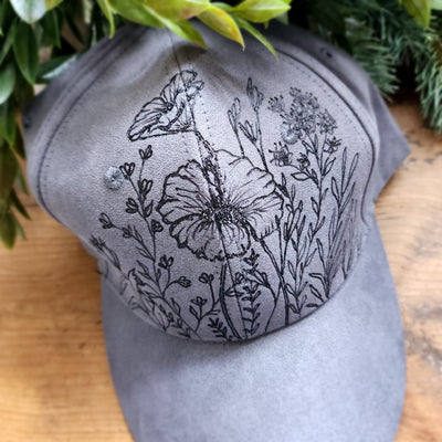 Wildflower Petals || Dark Gray Baseball Style Suede Hat || Freehand Designed
