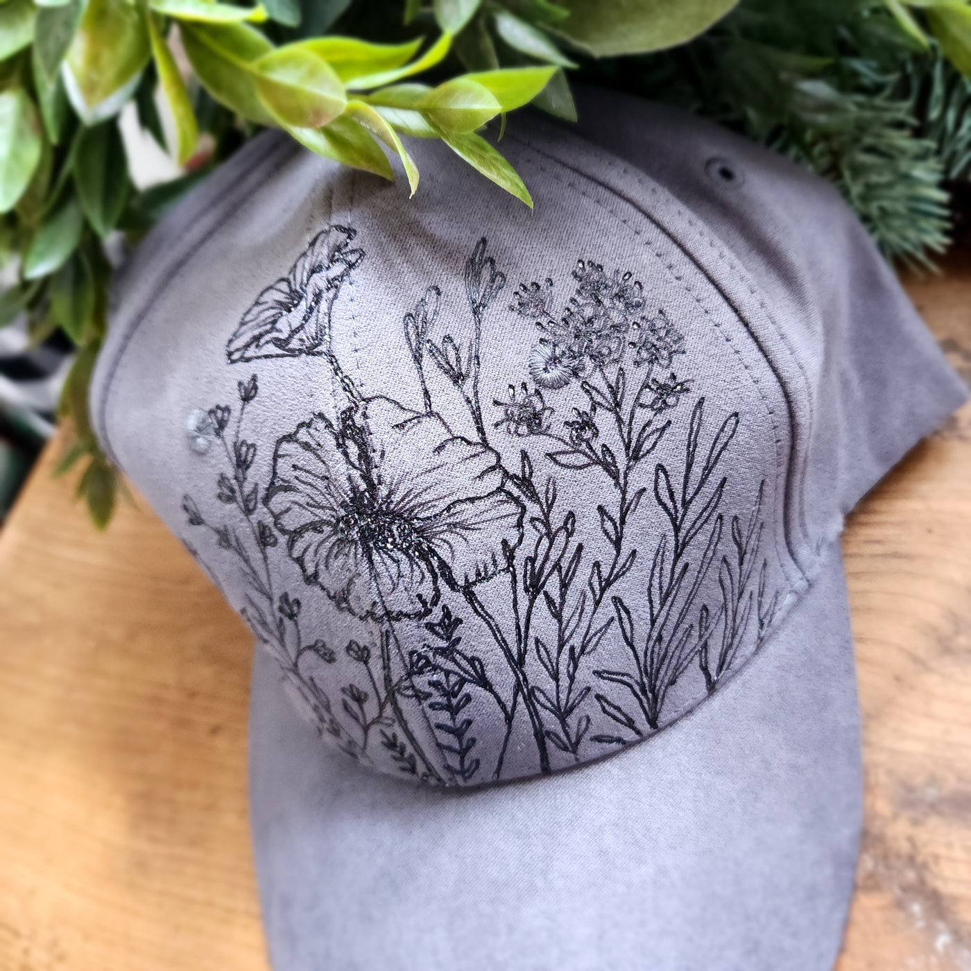 Wildflower Petals || Dark Gray Baseball Style Suede Hat || Freehand Designed