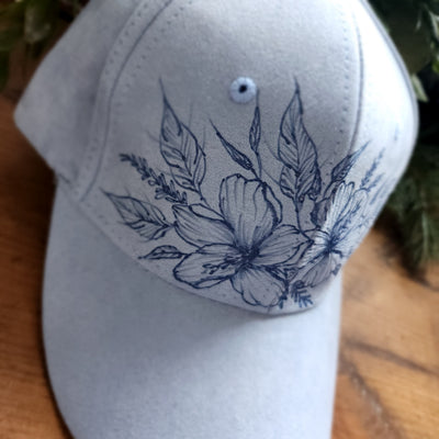Hibiscus Bouquet || Pastel Blue-Violet Baseball Style Suede Hat || Freehand Drawn