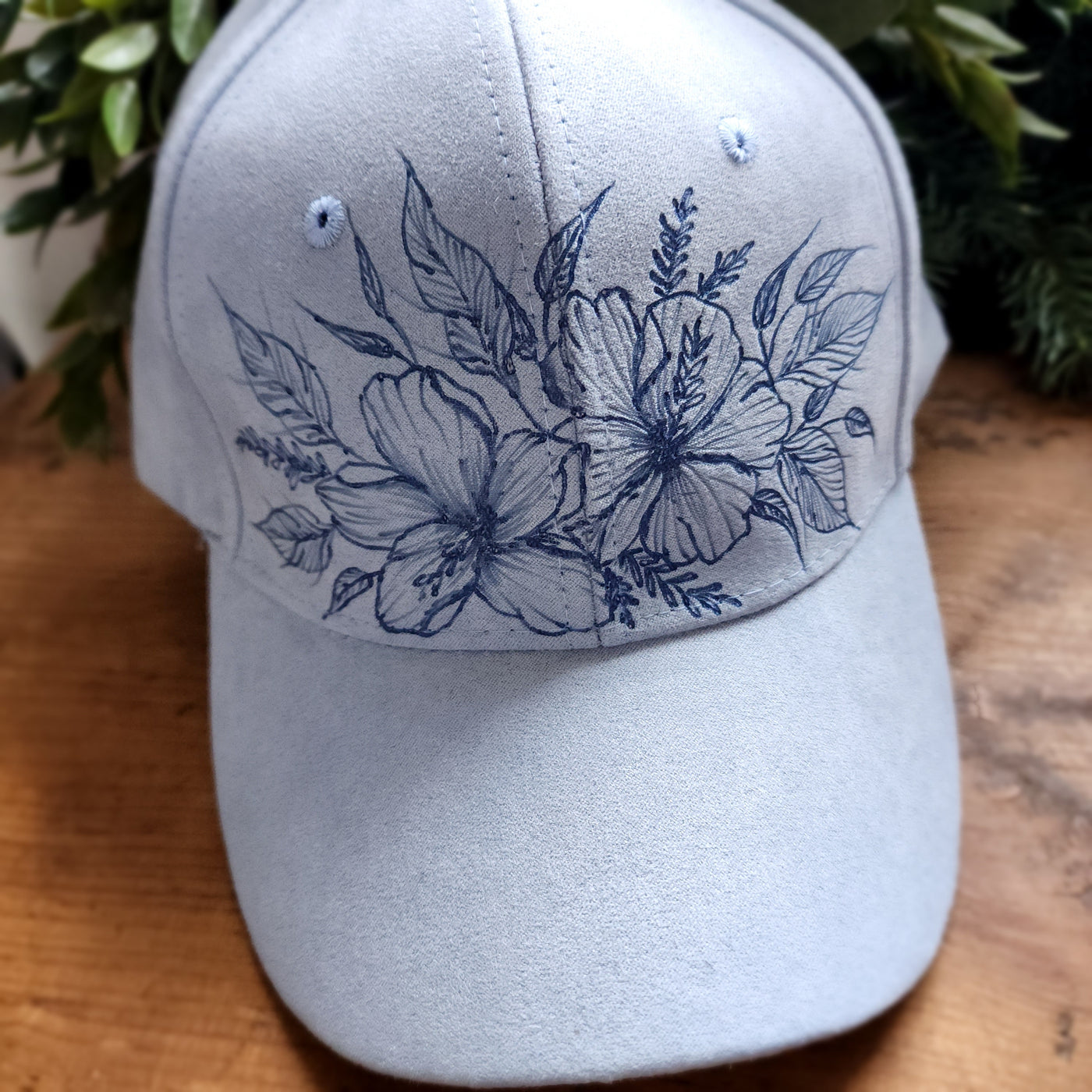 Hibiscus Bouquet || Pastel Blue-Violet Baseball Style Suede Hat || Freehand Drawn