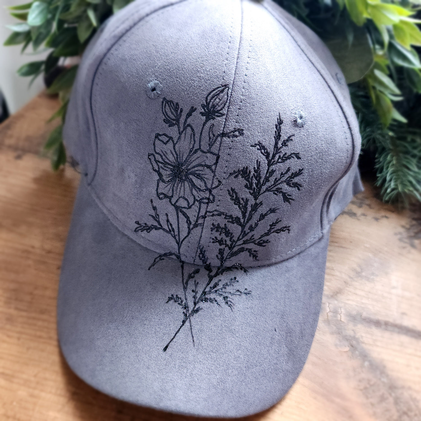 Minimalist Floral || Dark Gray Baseball Style Suede Hat || Freehand Designed