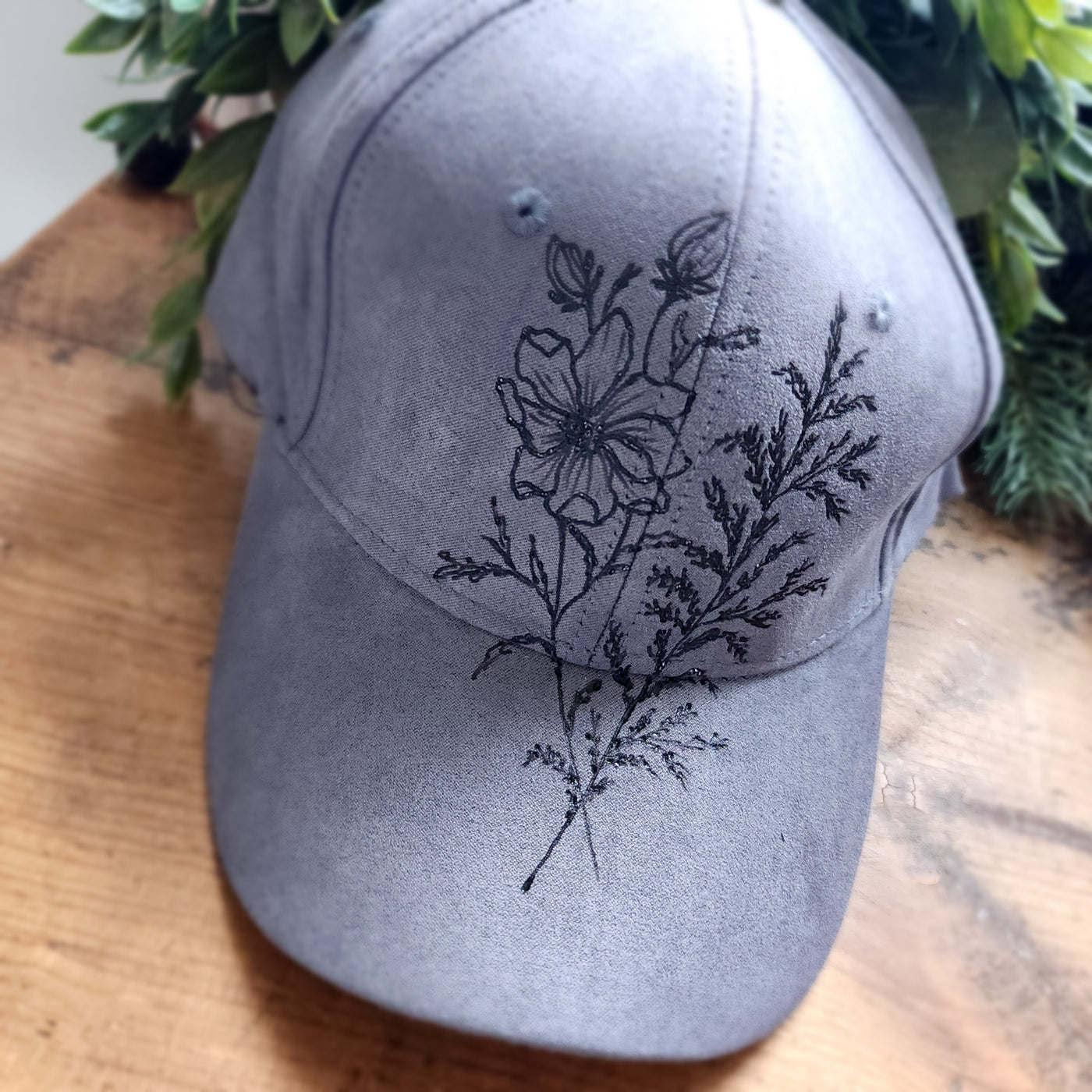 Minimalist Floral || Dark Gray Baseball Style Suede Hat || Freehand Designed