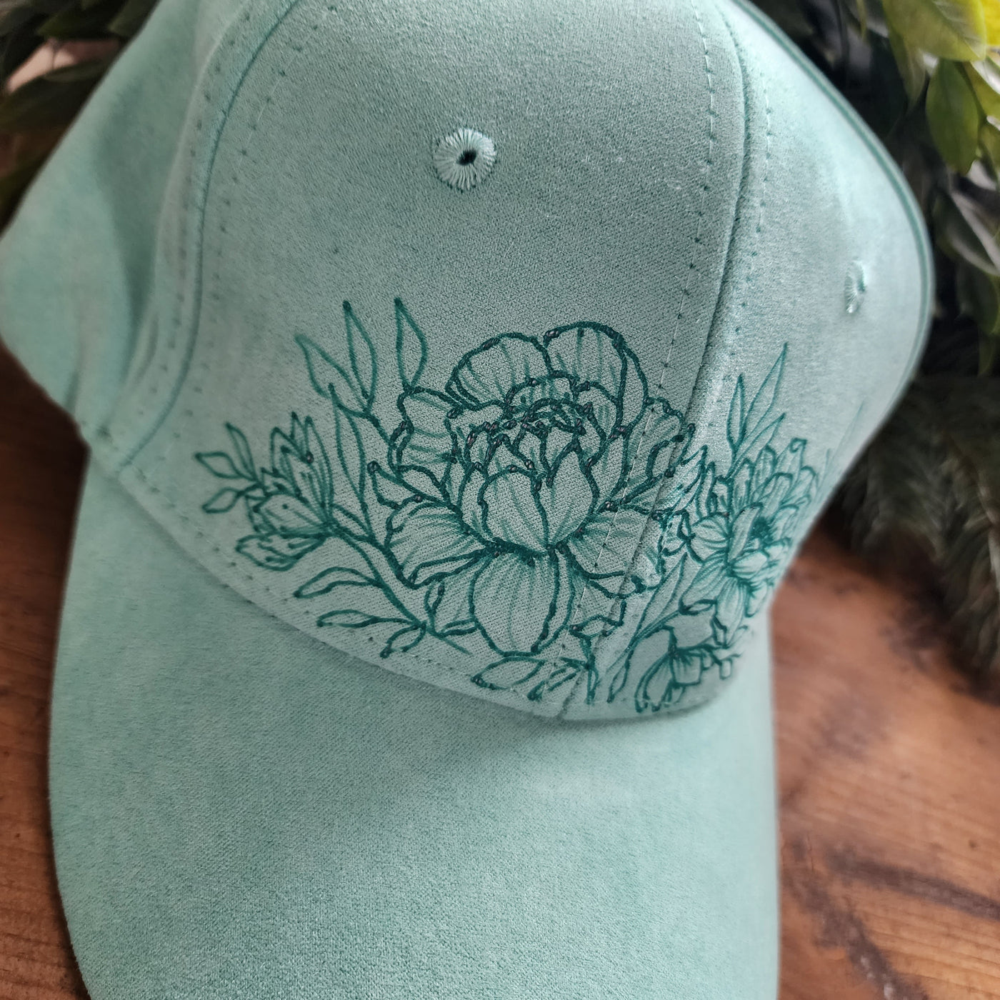 Magnolia Bunch || Dark Mint Baseball Style Suede Hat || Freehand Designed