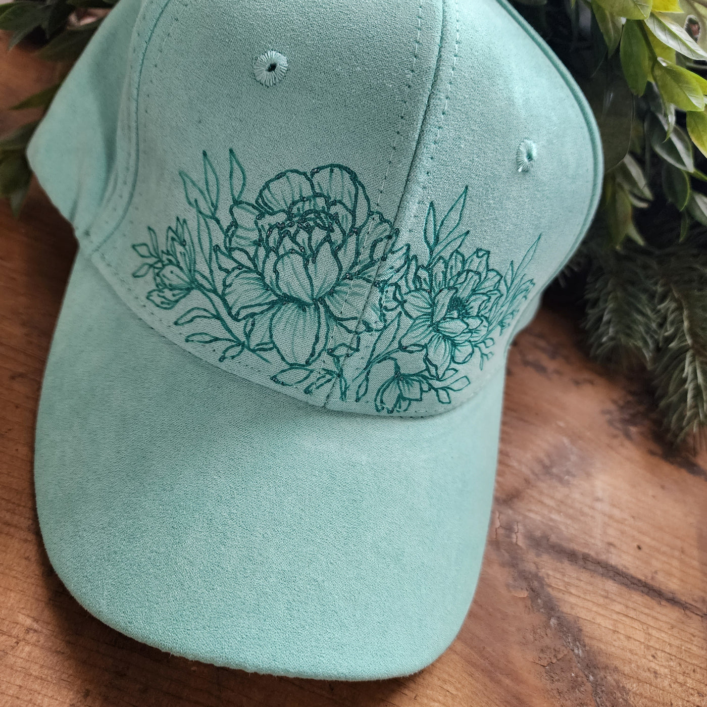 Magnolia Bunch || Dark Mint Baseball Style Suede Hat || Freehand Designed
