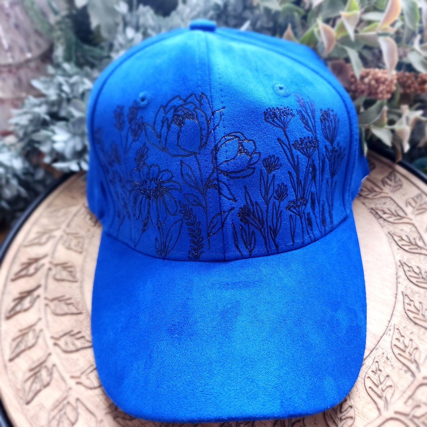Floral Stems || Royal Blue Suede Hat || Freehand Burned