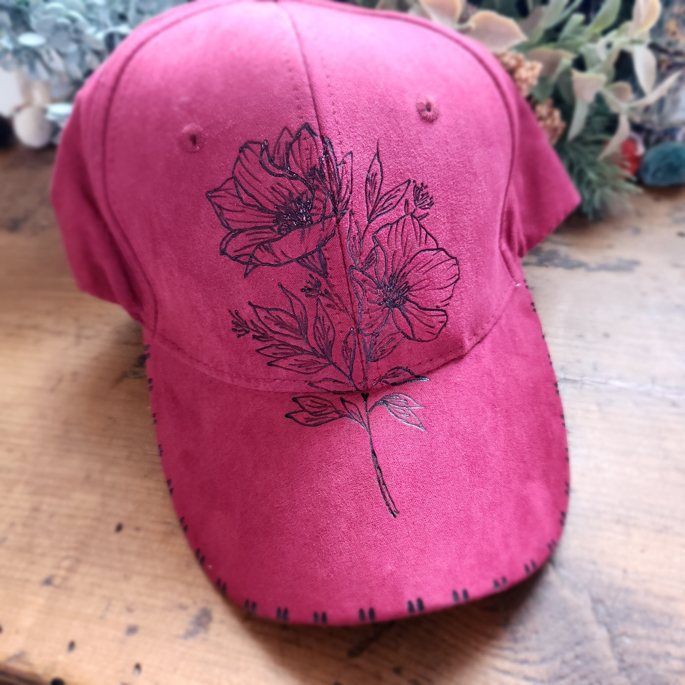 Flower Stems || Cranberry Baseball Suede Hat || Freehand Burned