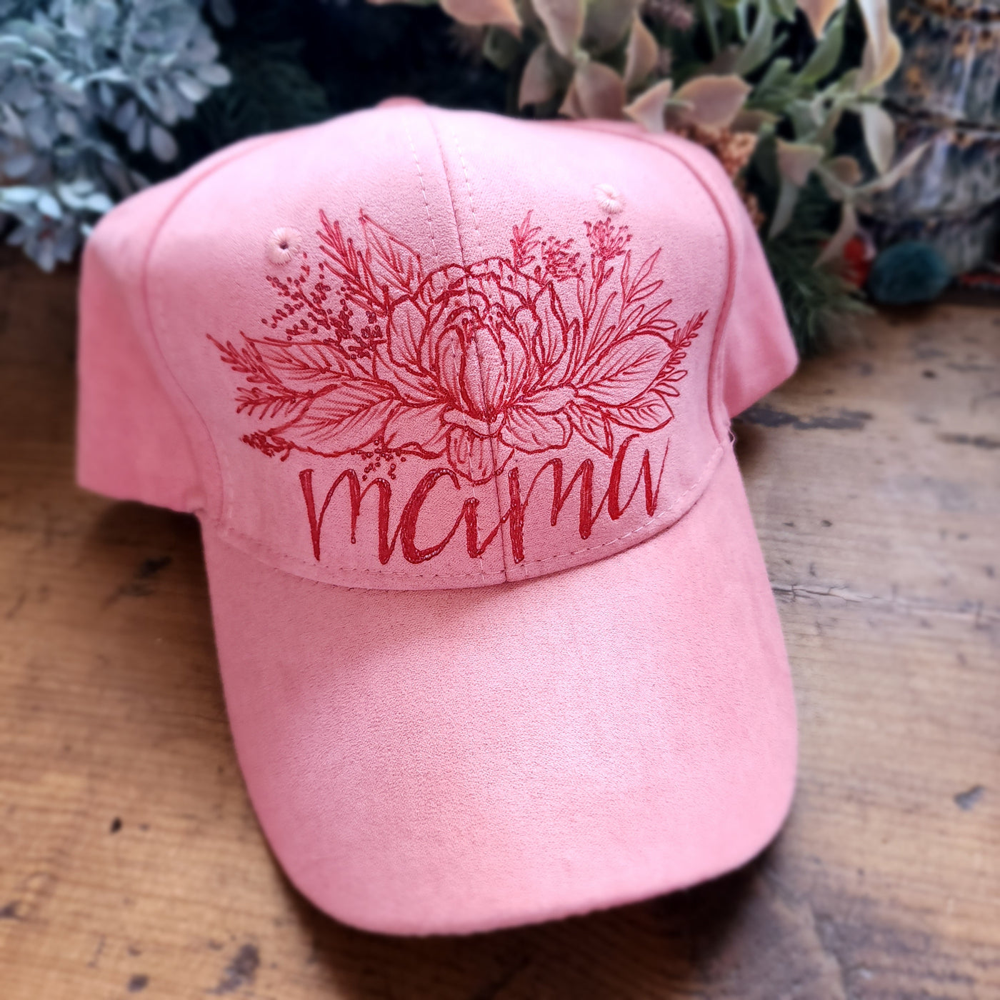 Mama Floral || Dark Pink Baseball Style Suede Hat || Freehand Designed