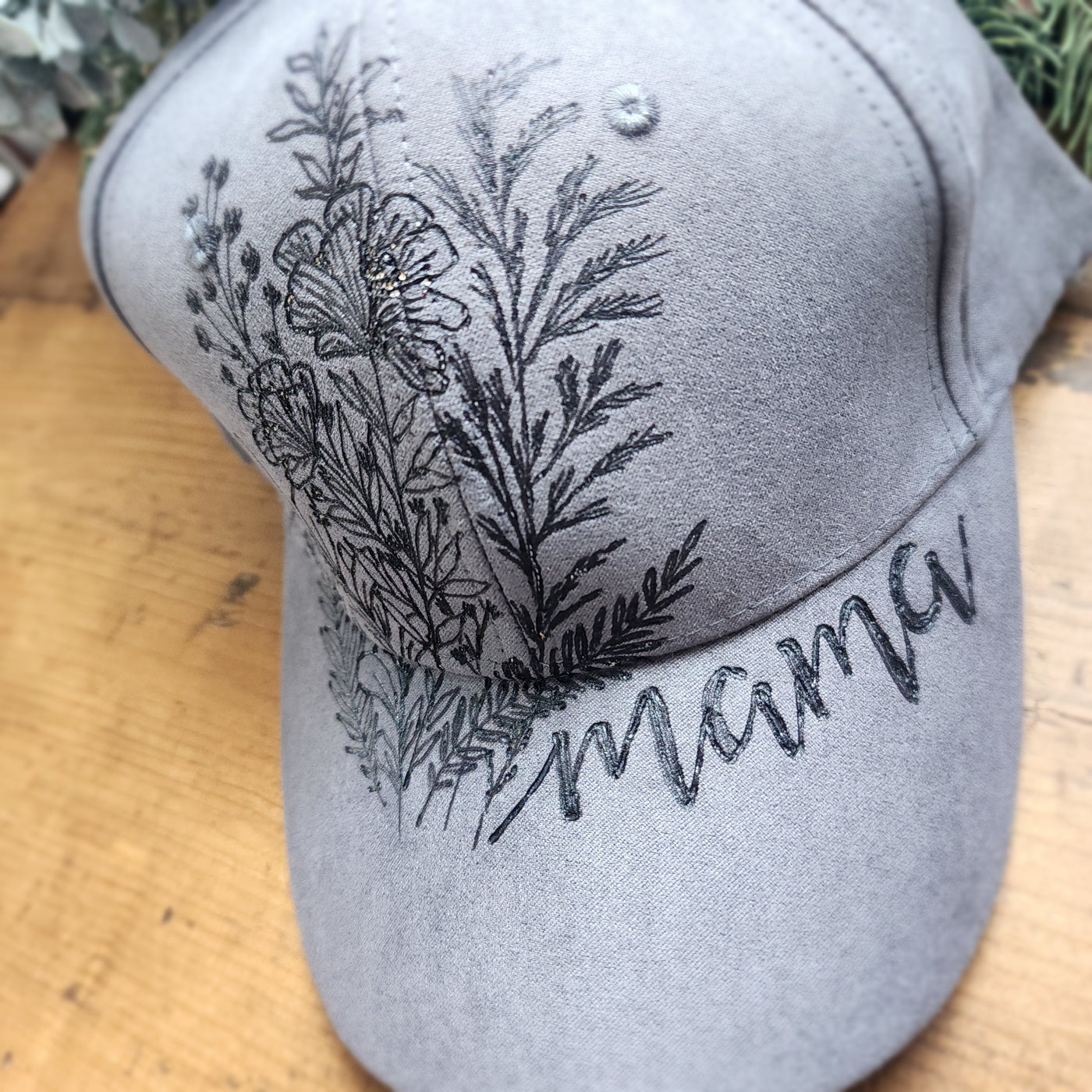 Mama Floral || Dark Gray Baseball Style Suede Hat || Freehand Burned