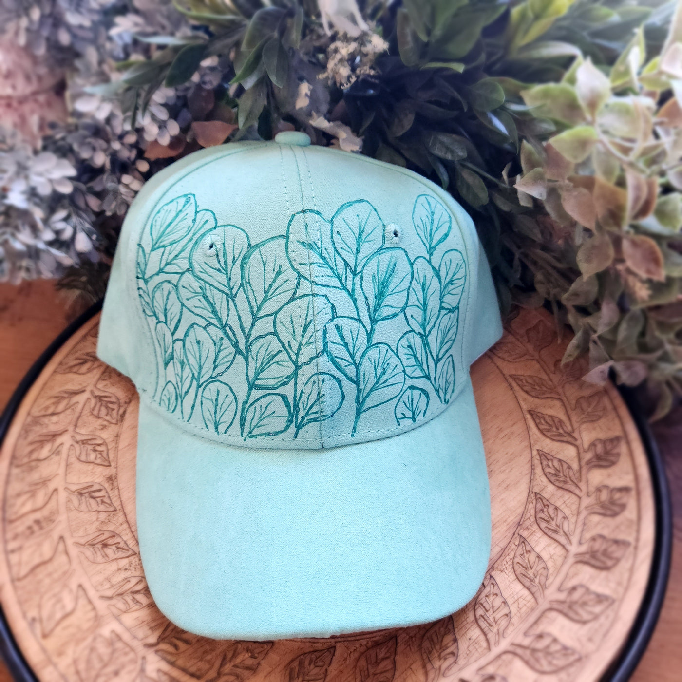 Eycalyptus Leaves || Dark Mint Baseball Style Suede Hat || Freehand Designed
