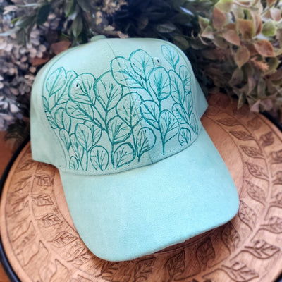 Eycalyptus Leaves || Dark Mint Baseball Style Suede Hat || Freehand Designed