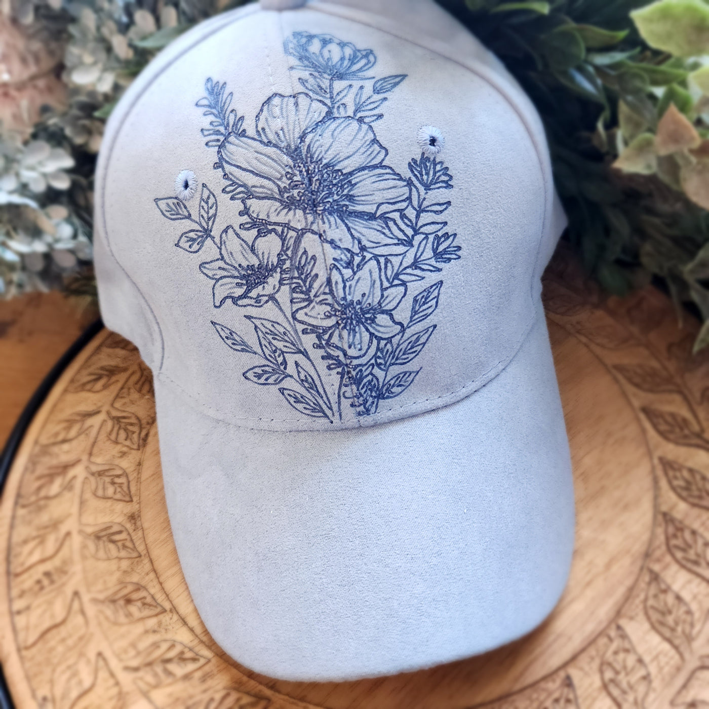 Floral Bouquet || Pastel Blue-Violet Baseball Style Suede Hat || Freehand Drawn
