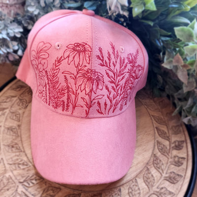 Floral Stems || Dark Pink Baseball Style Suede Hat || Freehand Designed
