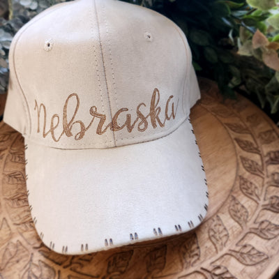 Nebraska || Light Tan Baseball Style Suede Hat || Freehand Burned