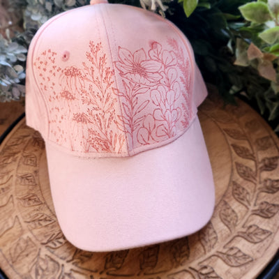 Floral Stems || Light Pastel Pink Baseball Style Suede Hat || Freehand Burned