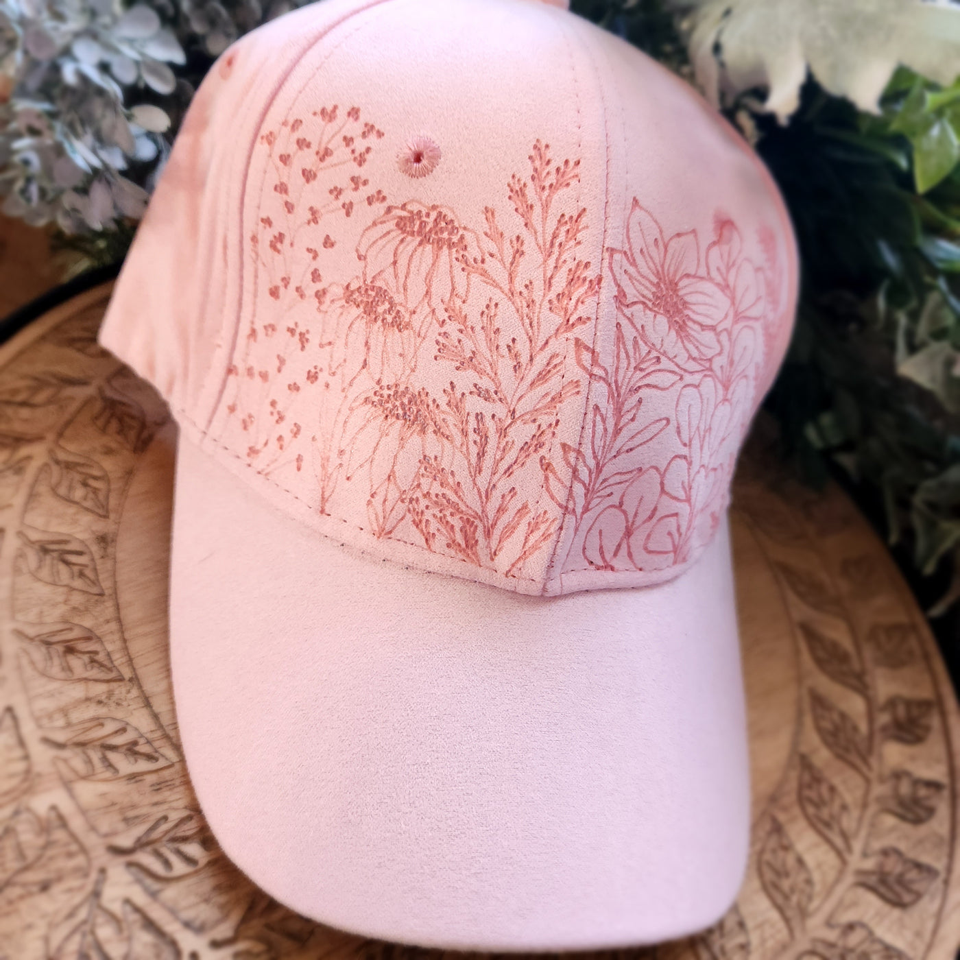 Floral Stems || Light Pastel Pink Baseball Style Suede Hat || Freehand Burned